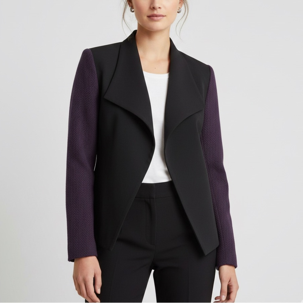 Topshop Open Front Lapel Tweed Sleeve Blazer Purple Black 8 Work Business Office